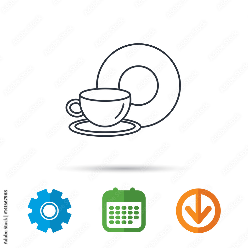 Coffee cup icon. Food and drink sign. Calendar, cogwheel and download arrow signs. Colored flat web icons. Vector Coffee cup icon. Food and drink sign. Calendar, cogwheel and download arrow signs. Colored flat web icons. Vector