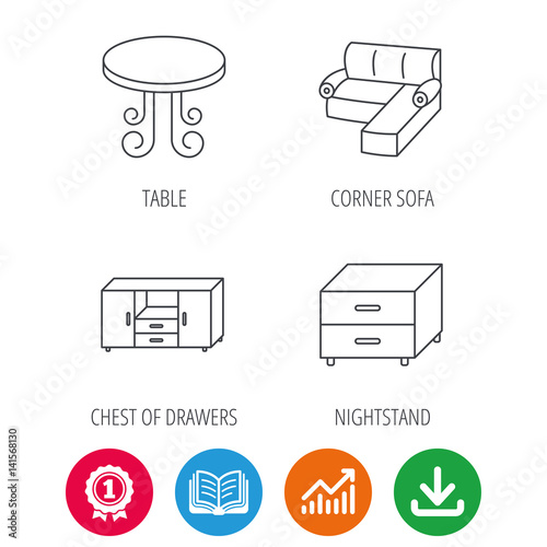 Corner sofa, table and nightstand icons. Chest of drawers linear sign. Award medal, growth chart and opened book web icons. Download arrow. Vector