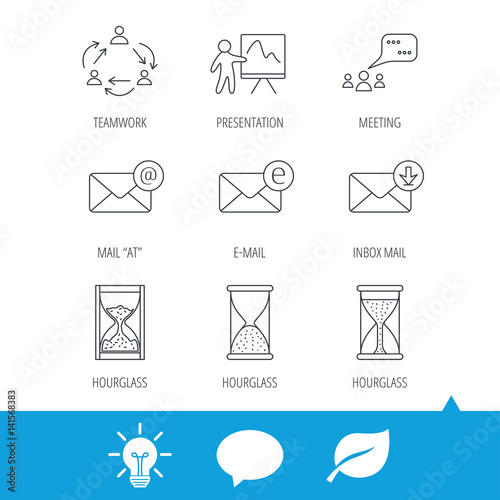 Teamwork  presentation and meeting chat bubbles icons. E-mail inbox  hourglass linear signs. Light bulb  speech bubble and leaf web icons. Vector