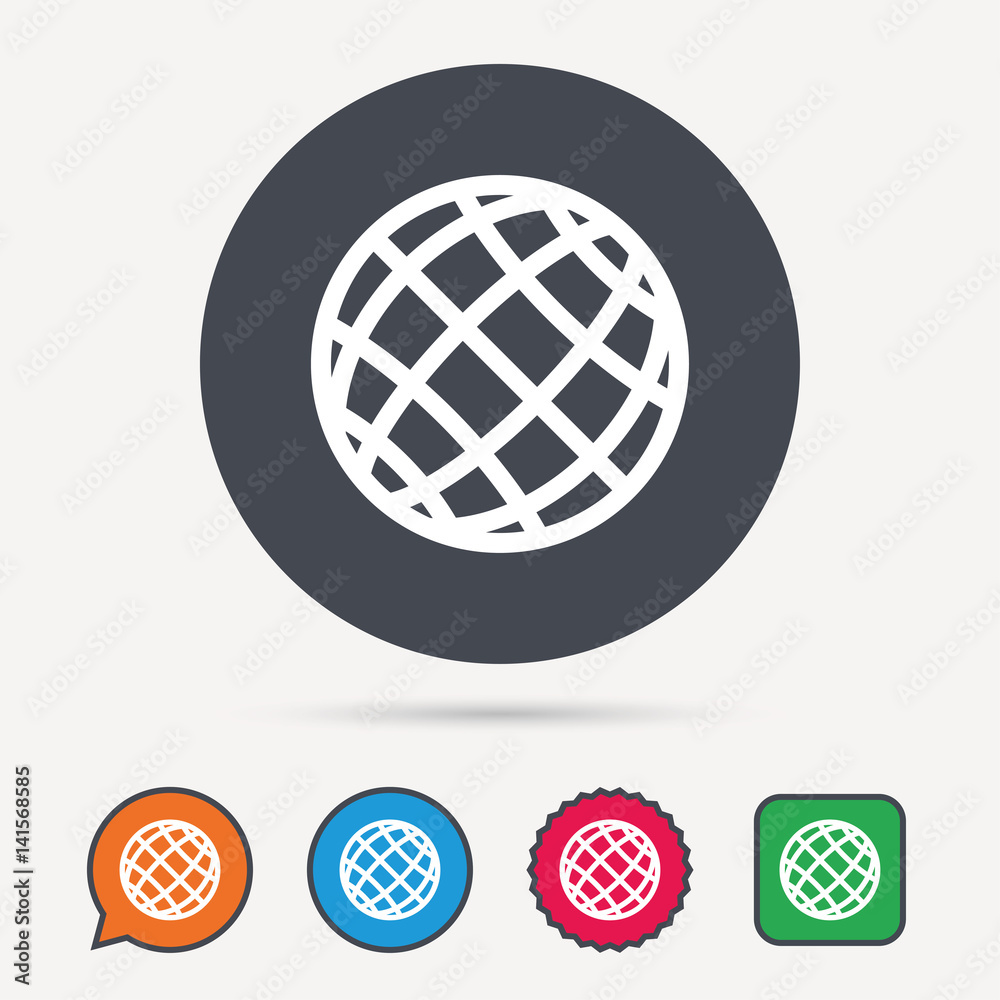 Globe icon. World or internet symbol. Circle, speech bubble and star buttons. Flat web icons. Vector Globe icon. World or internet symbol. Circle, speech bubble and star buttons. Flat web icons. Vector