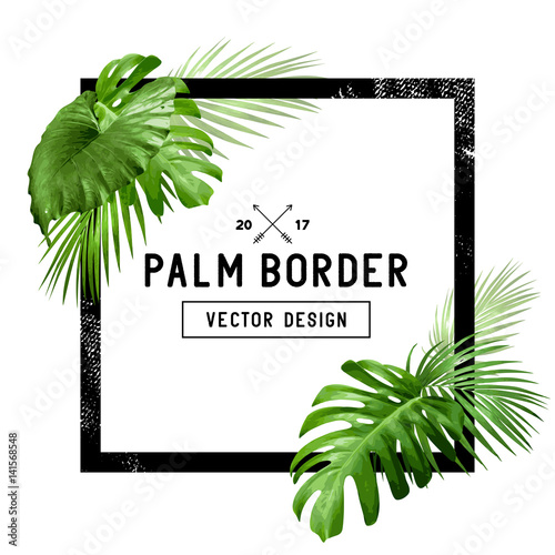 A border frame design decorated with floral tropical palm leaves with room for your message. Vector illustration