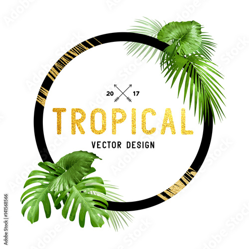 Black and gold tropical border frame design with various plam leaves. Vector illustration