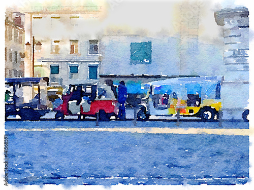 Digital watercolor painting of rickshaws in Lisbon, Portugal, queueing up at a taxi rank waiting for passengers. With space for text.
