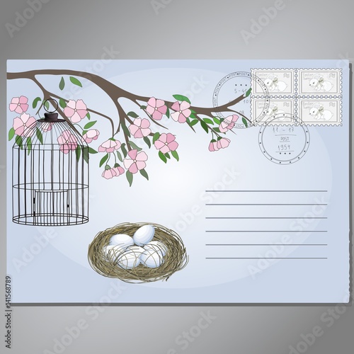 Card with Easter Bunny Rabbit mark set, a blooming tree branch with nest flowers and leaves, a hatch with eggs, vintage aged postcard with four ester buny marks & postmarks, vector drawing, card print