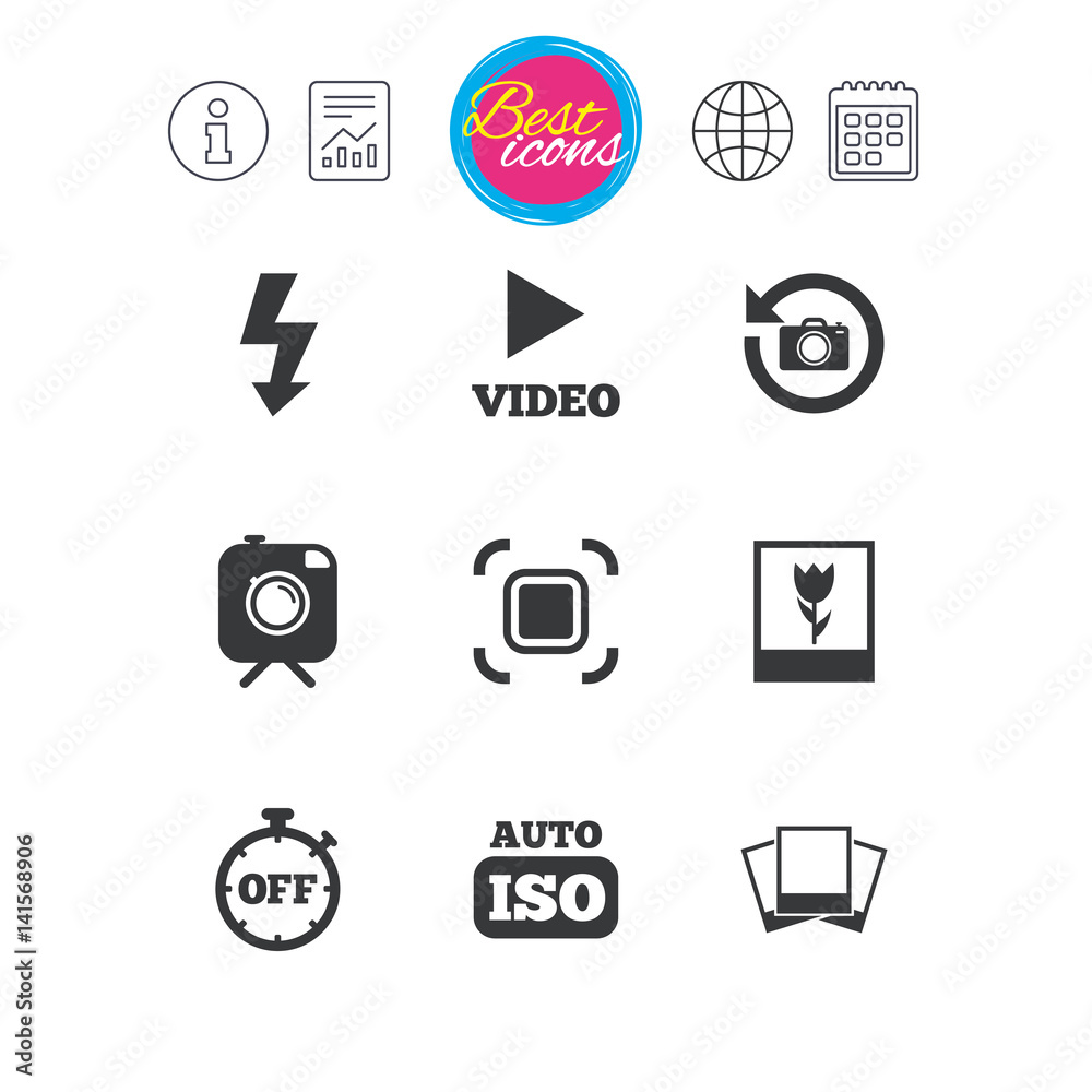 Photo, video icons. Camera, photos and frame. Photo, video icons. Camera, photos and frame.