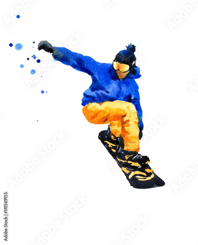 Watercolor Snowboarder Jumping Extreme Sports Hand Painted Illustration isolated on white background