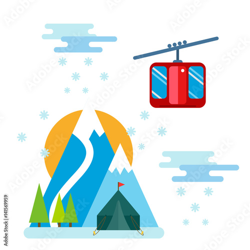 Snowboarder sitting in ski gondola and lift elevators winter sport resort snowboard people rest lifting jump vector illustration mountain