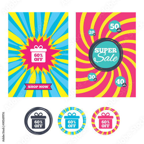 60 percent sale gift box tag sign icon.