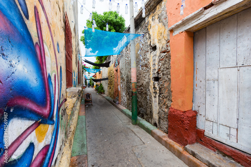 Vibrant street art in an alley in the Getsemani neighborhood of Cartagena  Colombia.