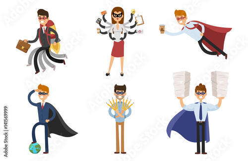 Superhero business man woman vector illustration set character success cartoon power concept businessman strong person silhouette leader team isolated
