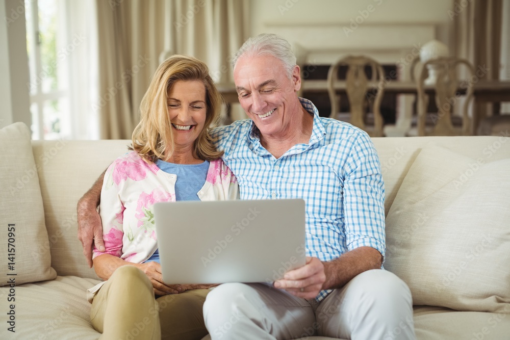 Smiling senior couple using laptop in living room