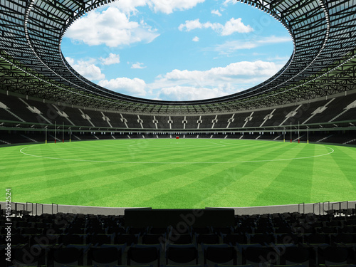 3D render of a round Australian rules football stadium with black seats and VIP boxes