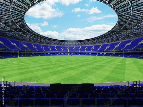 3D render of a round Australian rules football stadium with  blue seats and VIP boxes