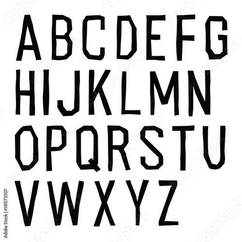 Cut off alphabet. Black letters on white background. Elementary hand drawn font.