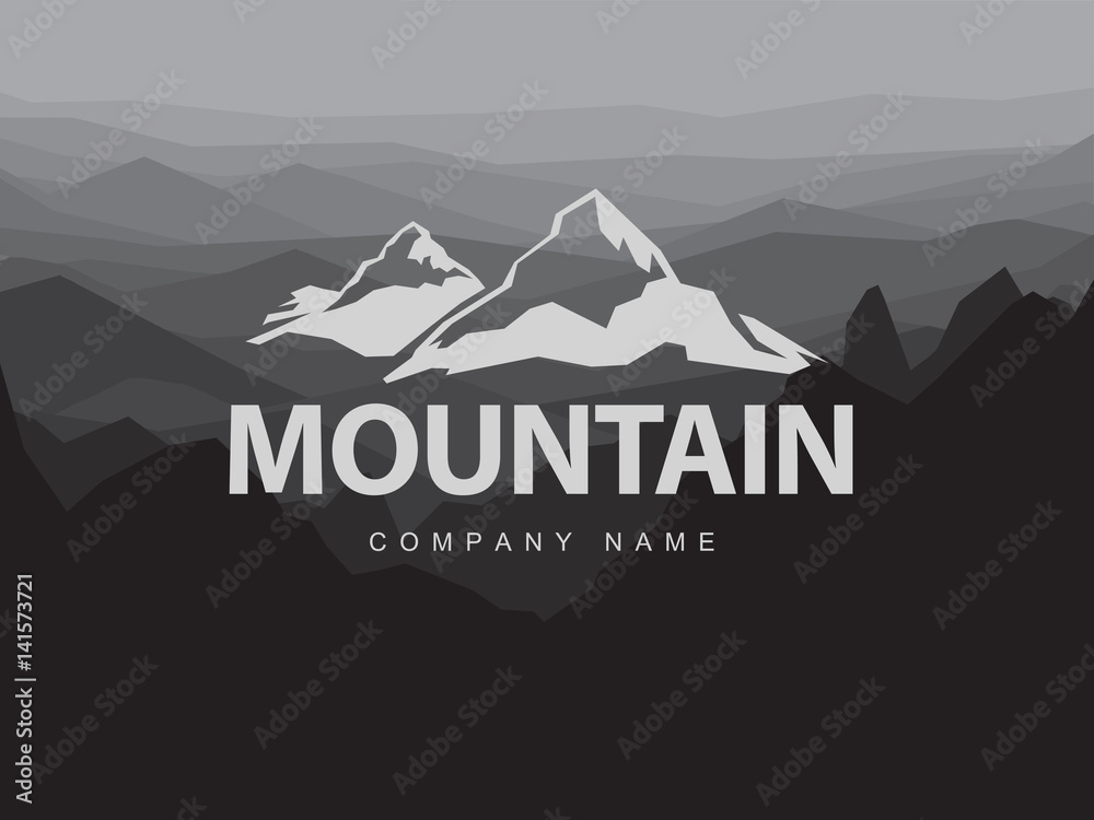 Fototapeta premium Szablon logo góry z streszczenie tło szczyty. Logotyp na górskim monochromatycznym abstrakcyjnym tle. Ilustracja alpinizmu i podróży.