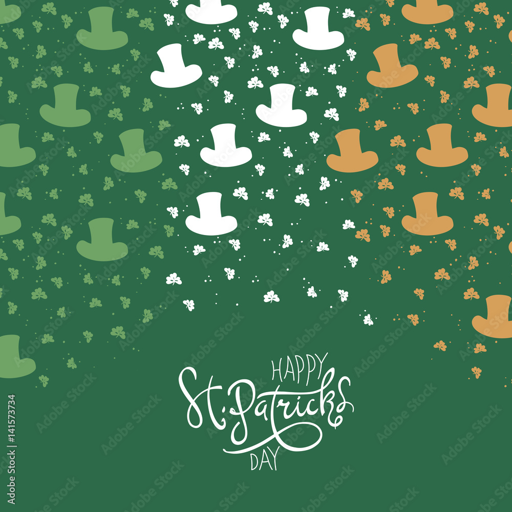 Naklejka premium St. Patrick's Day Background. Clover leafs and hats on flag colors background for happy St. Patrick's Day.