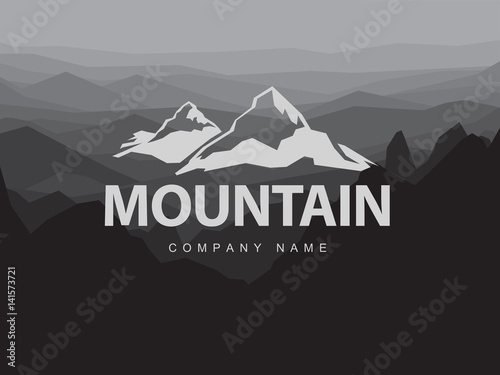 Fototapeta Naklejka Na Ścianę i Meble -  Mountains logo template with abstract peaks background. Logotype on mountain monochrome abstract background. Mountaineering and Traveling illustration.