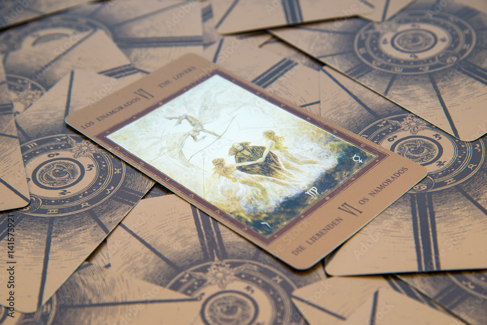 Tarot card The Lovers. Labirinth tarot deck. Esoteric background.