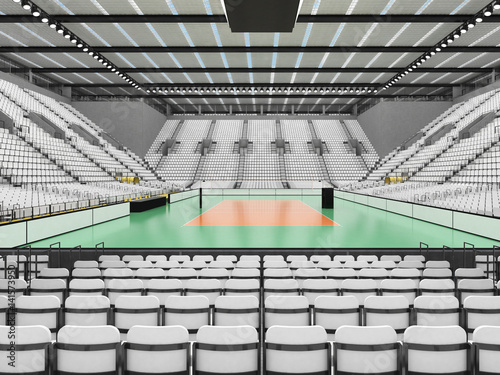 Beautiful sports arena for volleyball with white seats and VIP boxes