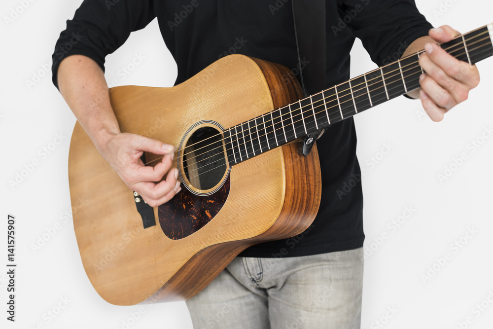 Caucasian Man Playing Guitar Closeup Caucasian Man Playing Guitar Closeup