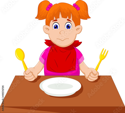 cute little girl cartoon waiting for breakfast