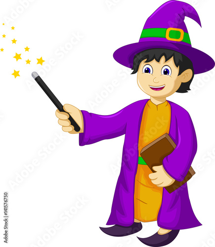 funny witch cartoon holding book and magic stick