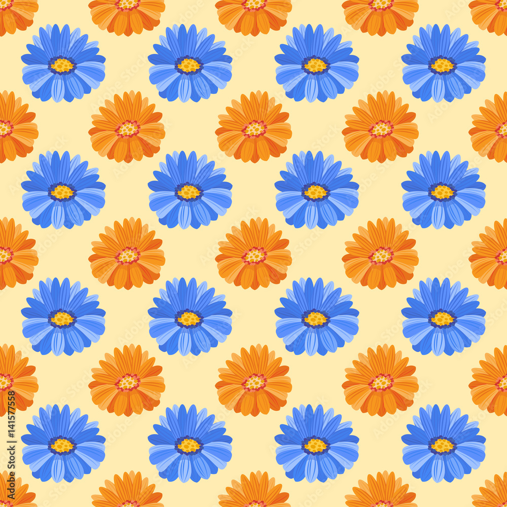 Hand drawn flower seamless pattern wallpaper with gerbera print ornament decoration and floral graphic art nature drawing vector illustration. Hand drawn flower seamless pattern wallpaper with gerbera print ornament decoration and floral graphic art nature drawing vector illustration.