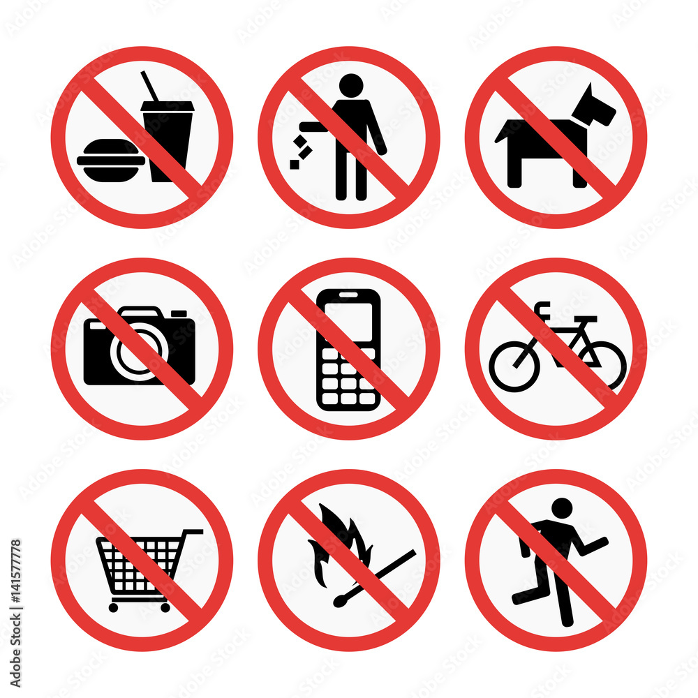 Prohibition signs set safety information vector illustration. Prohibition signs set safety information vector illustration.