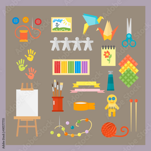 Themed kids creativity creation symbols poster in flat style with artistic objects for children art school fest unusual toys network movie vector illustration.