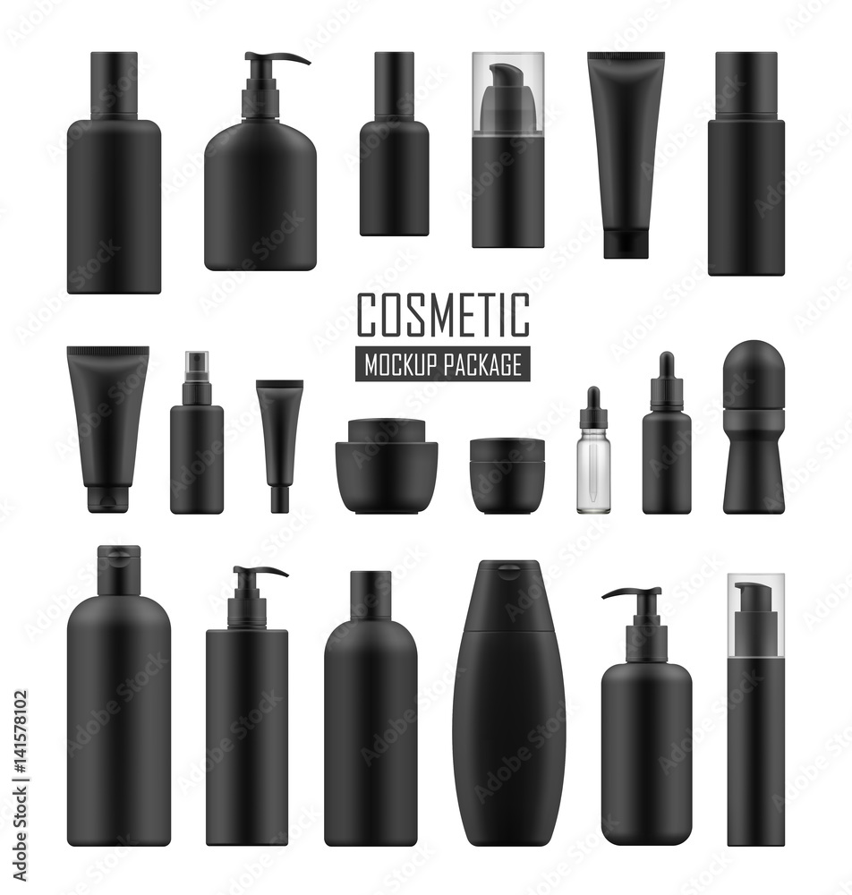 Set of realistic black package for luxury cosmetic product: tube cream, bottle with pump dispenser or spray, oil, lotion or shampoo, gel shower and liquid soap. Vector mockup of isolated on white - obrazy, fototapety, plakaty 