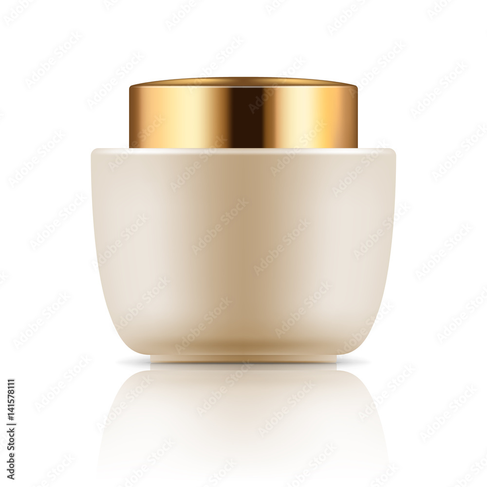 Vector blank template. Empty and clean jar with cap for cosmetic cream. 3d white plastic container for care face or gel for beauty skin. Mock-up of package. Vector blank template. Empty and clean jar with cap for cosmetic cream. 3d white plastic container for care face or gel for beauty skin. Mock-up of package.