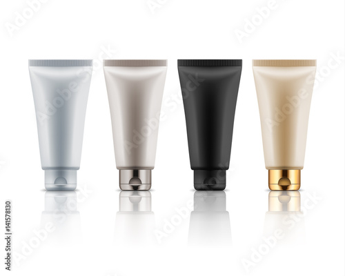Realistic plastic tubes for cosmetic products. Vector set of blank template containers for: gel of skincare, hand care cream, bb, face mask or foundation. White, black, beige, grey and golden colors
