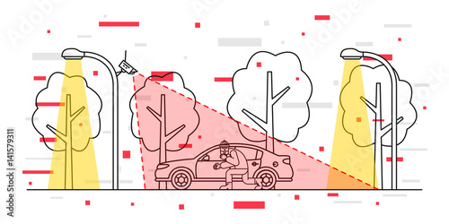 Car video surveillance vector illustration with decorative elements. Outdoor camera control creative concept. Car thief detection graphic design.
