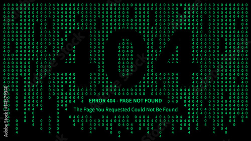 Error 404 page with green numbers vector illustration on black background. Broken web page graphic design. Error 404 page not found creative template.
