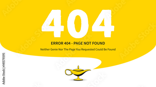 Error 404 page with magic lamp vector illustration. Broken web page graphic design. Error 404 page not found creative wide screen template.
