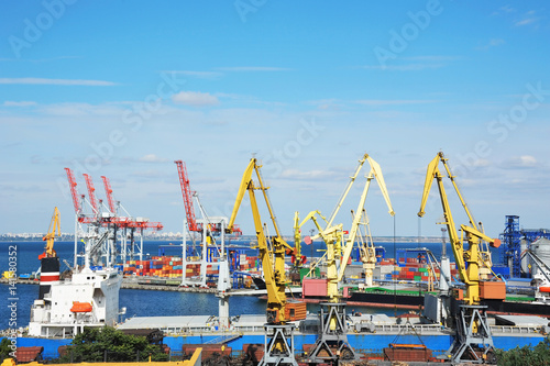 Bulk cargo ship under port crane