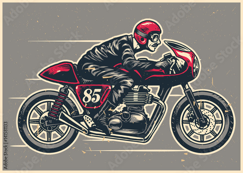 hand drawing man riding a cafe racer