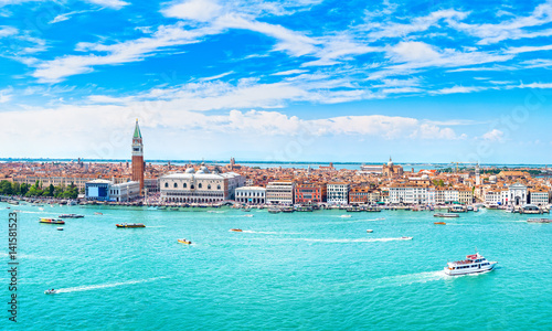 Venice panoramic aerial view, Piazza San Marco with Campanile and Doge Palace. Italy