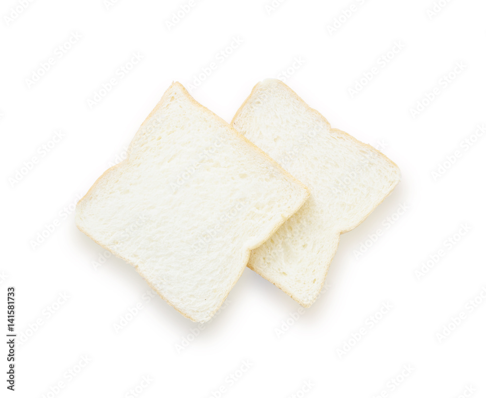 Closeup two slice bread for breakfast with shadow isolated on white background