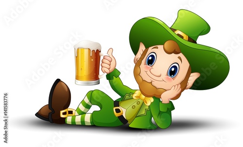 Cartoon Leprechaun holding a mug beer