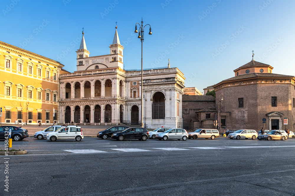 Rome, Italy. The northern facade of the Basilica of St. John the Baptist on the Lateran Hill (Basilica di San Giovanni in Laterano) and the Baptistery