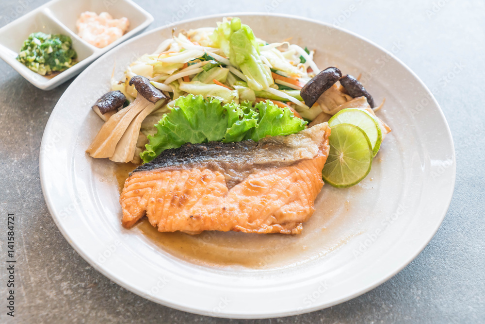 fried salmon steak with vegetable fried salmon steak with vegetable