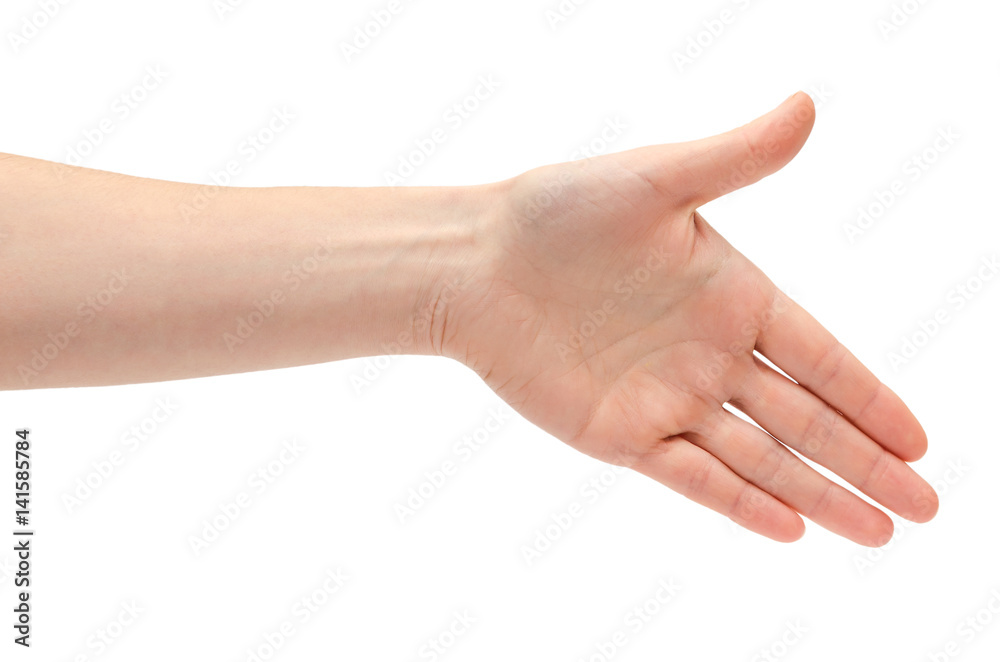 hand of young girl shows handshake.