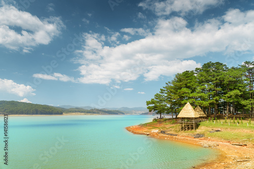 Amazing lake with azure water among green pine woods