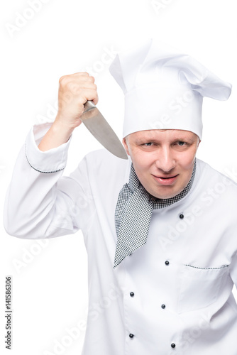 a man in a suit chefs with a sharp knife on a white background