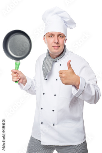 satisfied chef showing thumbs up and holding a frying pan on a white background