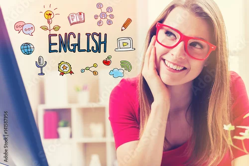 Obraz Tekst w języku angielskim z młodą kobietą