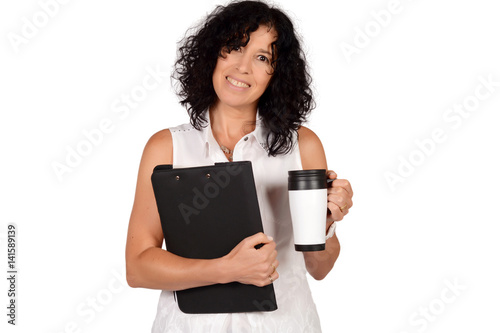 School teacher with coffee mug.