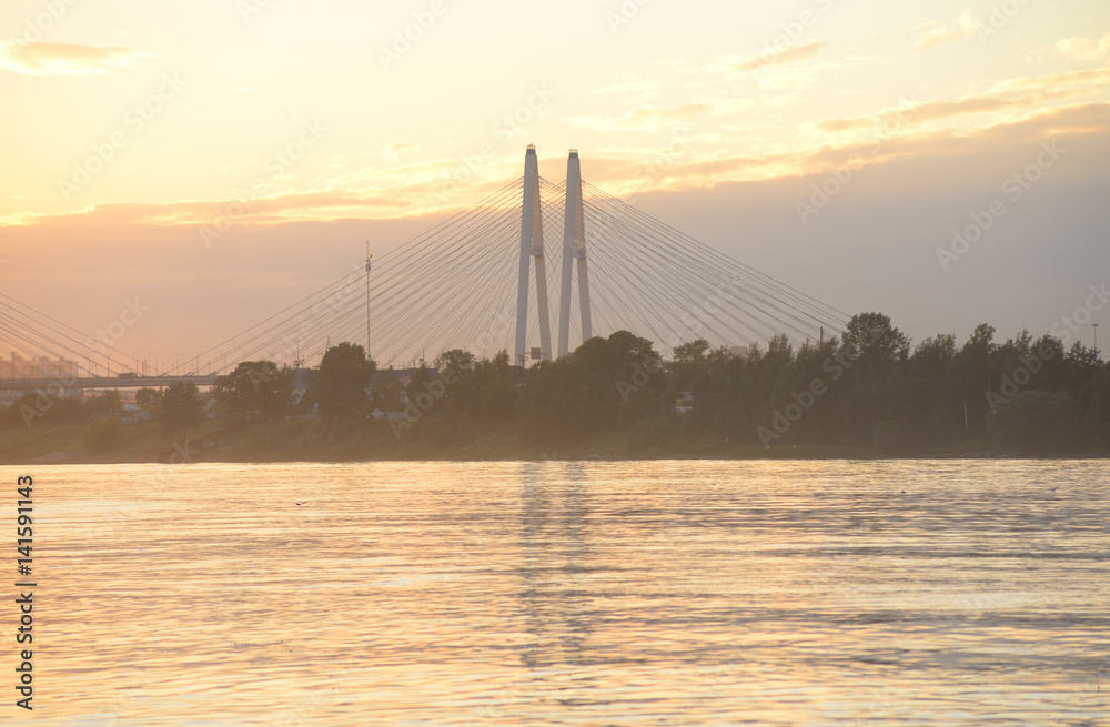 Obraz premium Cable stayed bridge and Neva river.