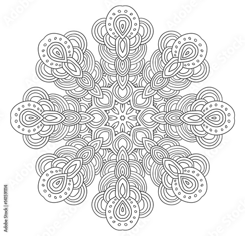 Uncolored symmetrical snowflake. Eight corned mandala.
